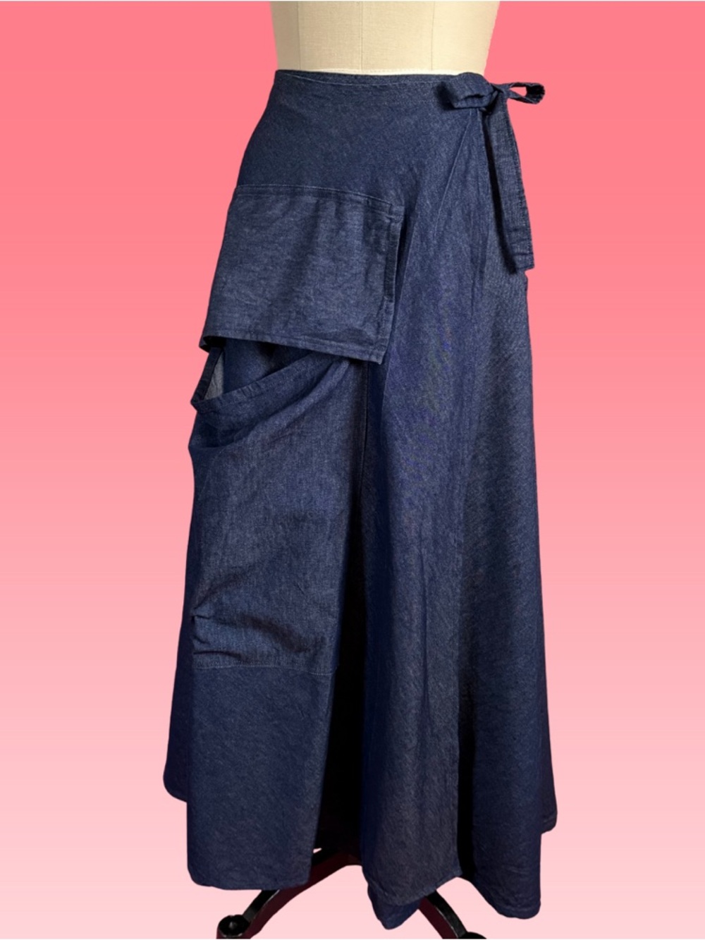 Vintage Handmade Denim Wrap Maxi Skirt with Asymmetrical Pocket Detail XS-S